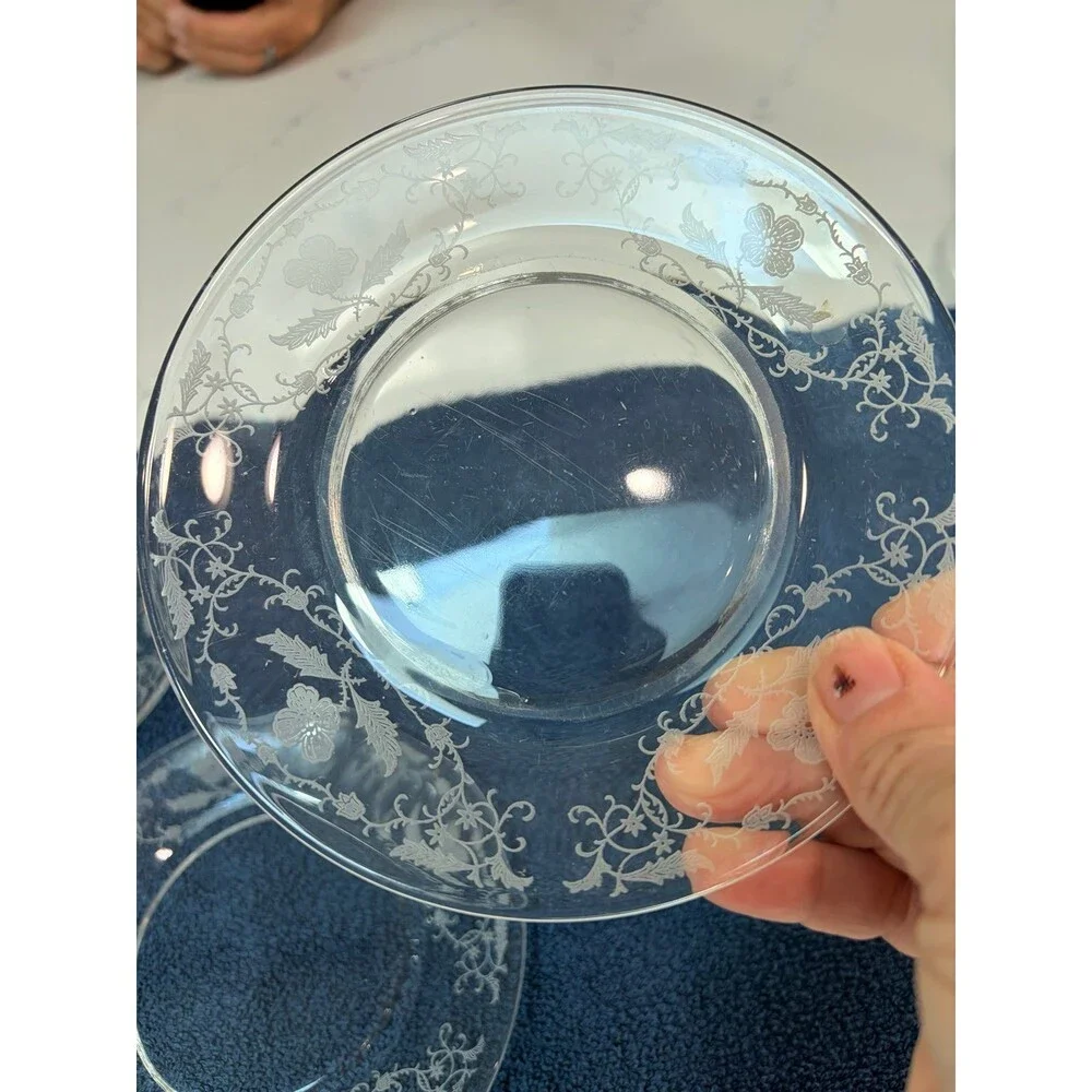 Set of 5 Vintage Clear Glass Etched Floral Salad / Dessert Plates (7-Inch)